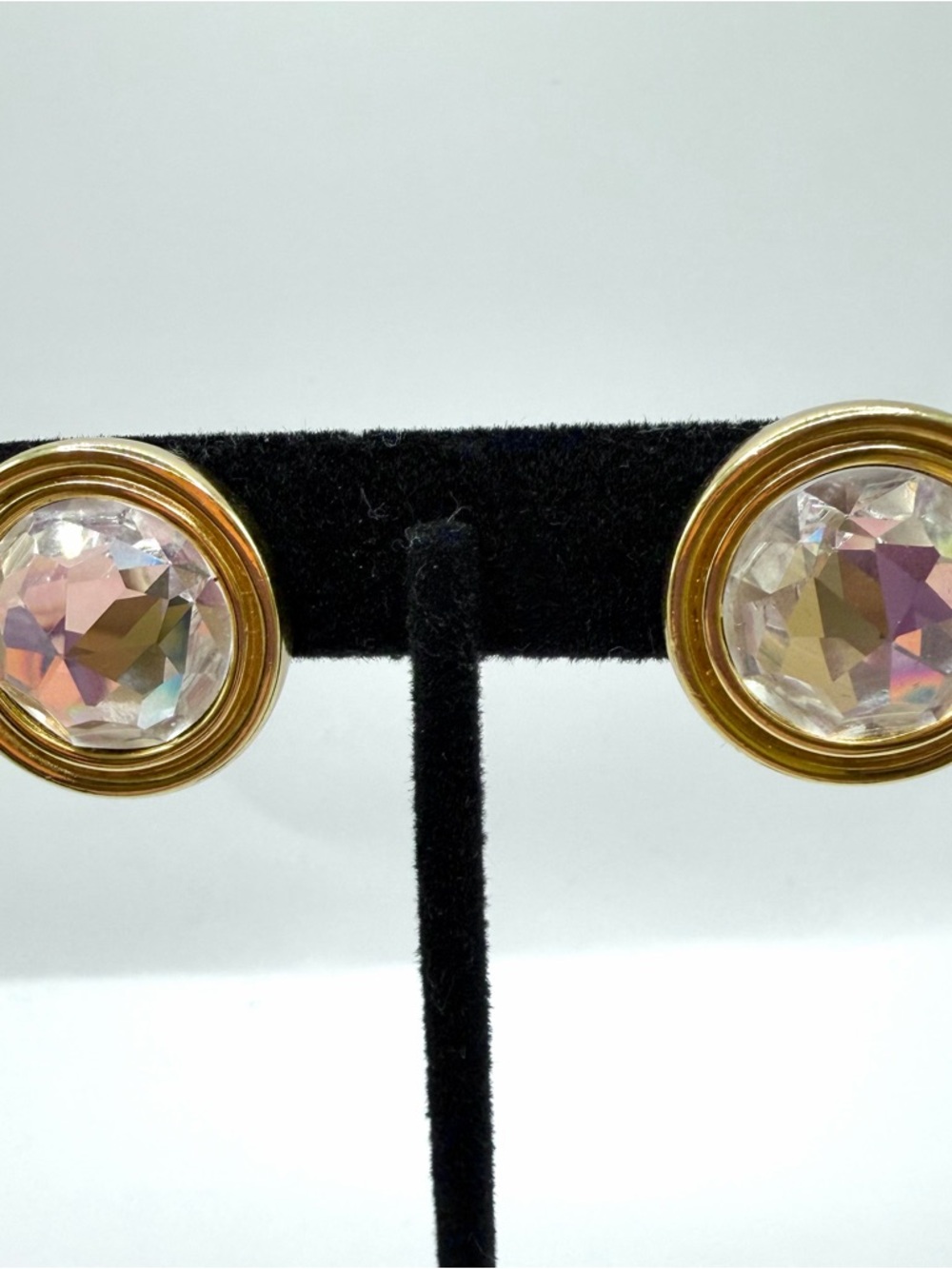Vintage Dior Gold-Tone Stud Clip Earrings with Iridescent Crystal Centers